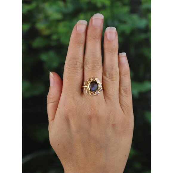 Gold Over Sterling Silver Natural Labradorite Polki Diamond Slice Ring Size 9.5 - Picture 2 of 7